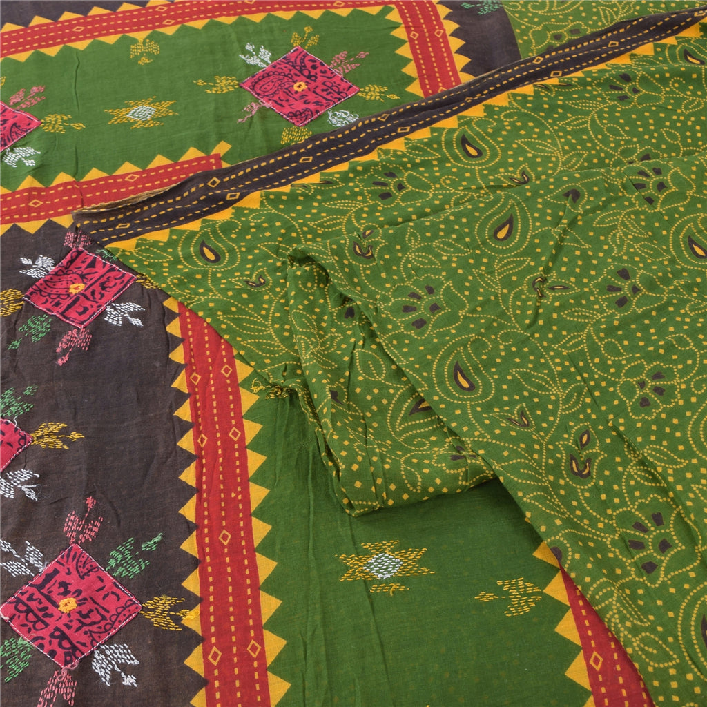 Sanskriti Vintage Sarees Green Hand Embroidered Printed Pure Cotton Sari Sustainable Fabric