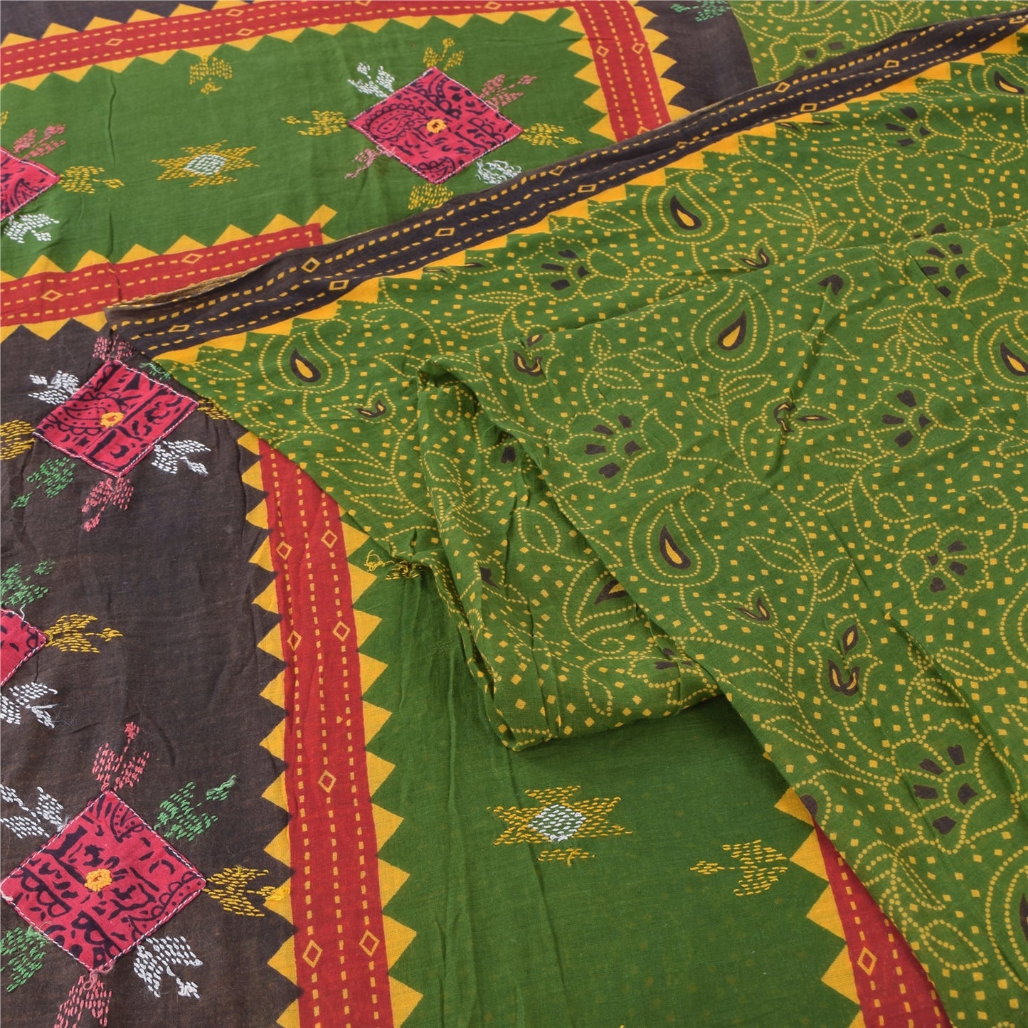 Sanskriti Vintage Sarees Green Hand Embroidered Printed Pure Cotton Sari Sustainable Fabric