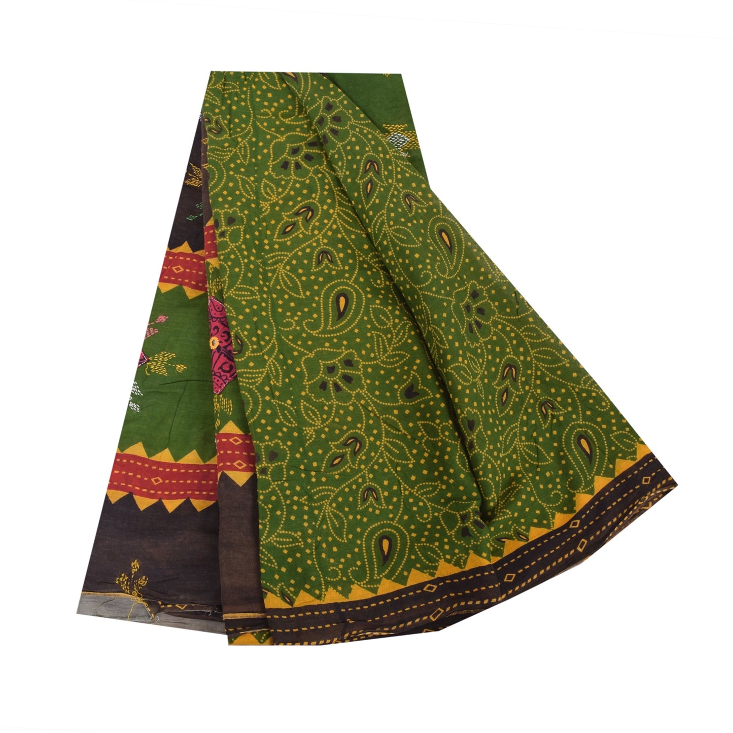 Sanskriti Vintage Sarees Green Hand Embroidered Printed Pure Cotton Sari Sustainable Fabric