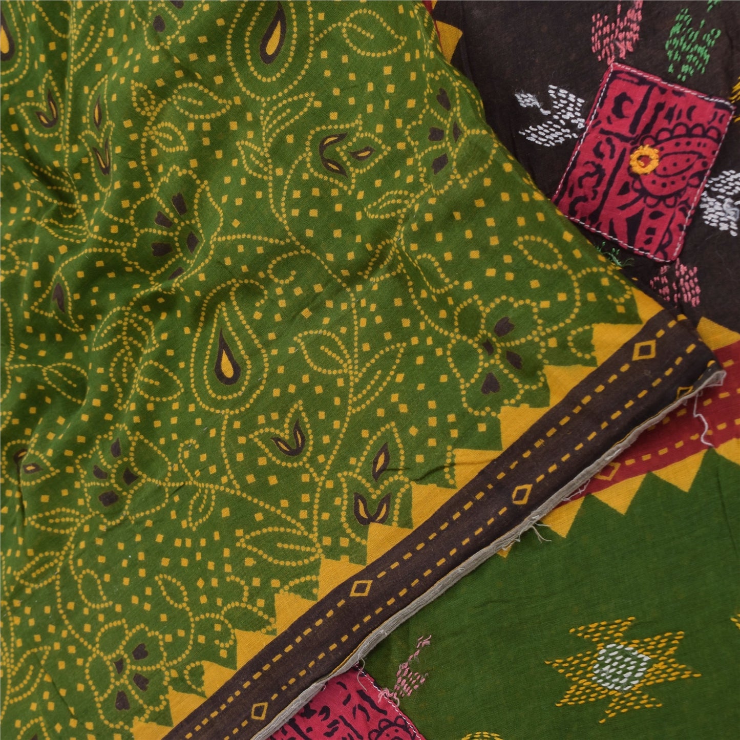 Sanskriti Vintage Sarees Green Hand Embroidered Printed Pure Cotton Sari Sustainable Fabric
