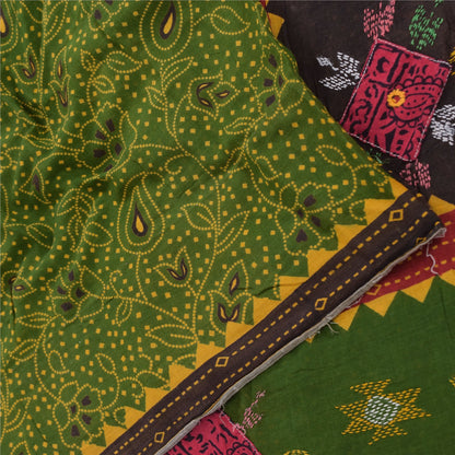 Sanskriti Vintage Sarees Green Hand Embroidered Printed Pure Cotton Sari Sustainable Fabric