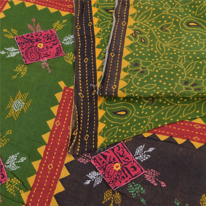 Sanskriti Vintage Sarees Green Hand Embroidered Printed Pure Cotton Sari Sustainable Fabric