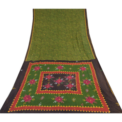 Sanskriti Vintage Sarees Green Hand Embroidered Printed Pure Cotton Sari Sustainable Fabric