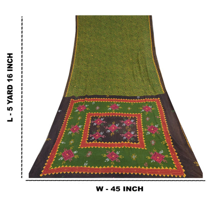 Sanskriti Vintage Sarees Green Hand Embroidered Printed Pure Cotton Sari Sustainable Fabric