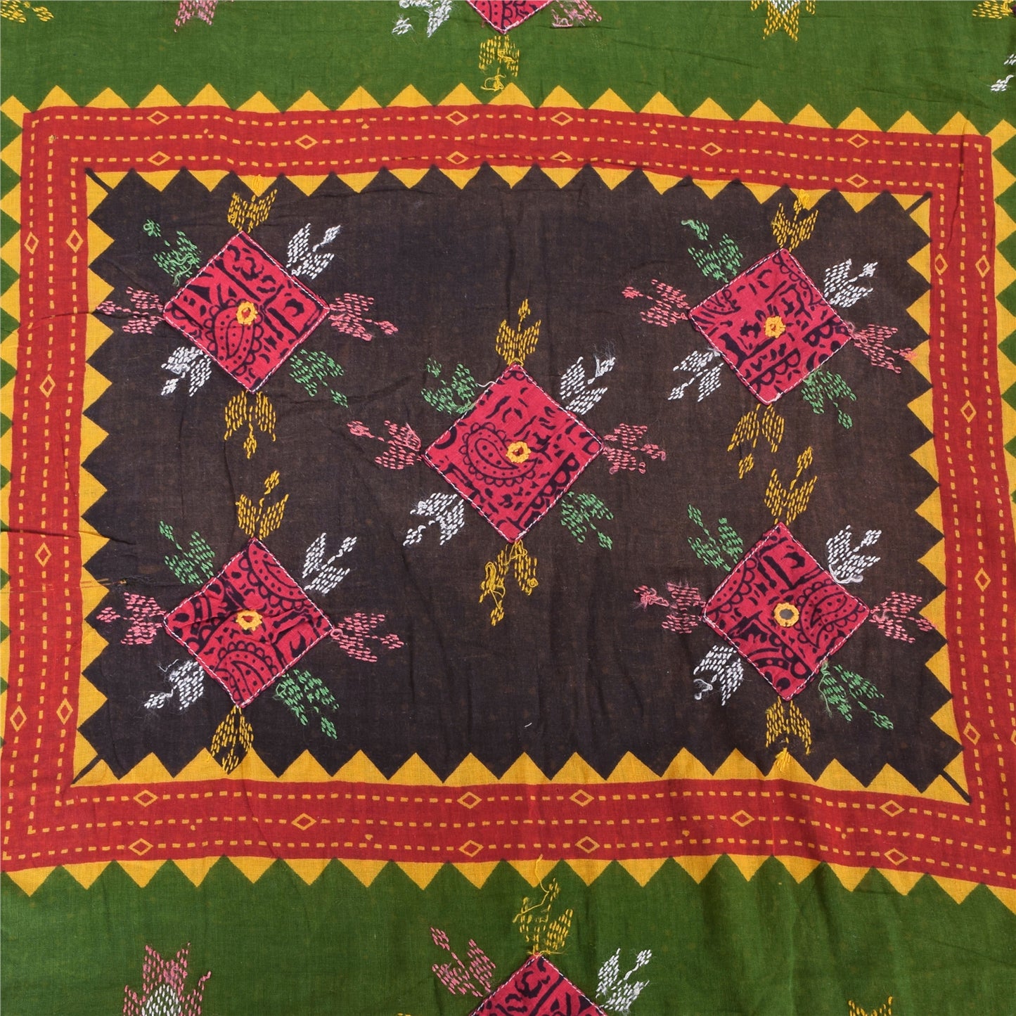 Sanskriti Vintage Sarees Green Hand Embroidered Printed Pure Cotton Sari Sustainable Fabric