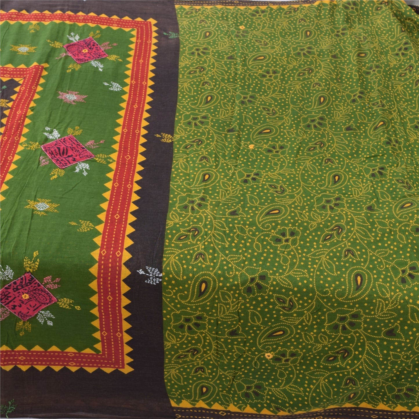 Sanskriti Vintage Sarees Green Hand Embroidered Printed Pure Cotton Sari Sustainable Fabric