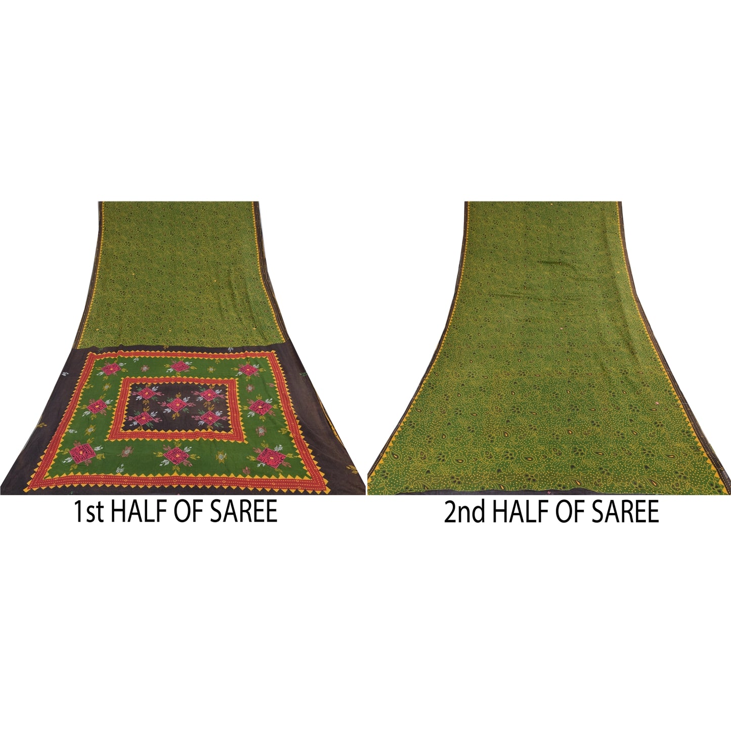 Sanskriti Vintage Sarees Green Hand Embroidered Printed Pure Cotton Sari Sustainable Fabric