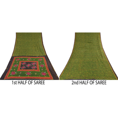 Sanskriti Vintage Sarees Green Hand Embroidered Printed Pure Cotton Sari Sustainable Fabric