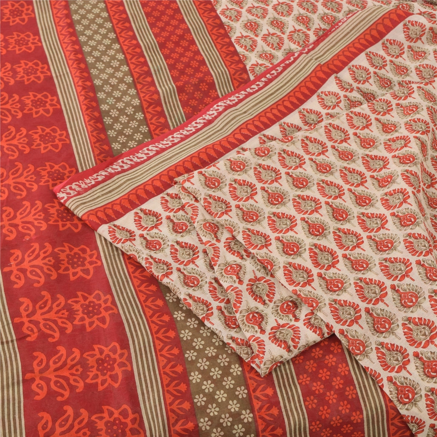 Sanskriti Vintage Sarees Cream & Red Pure Cotton Printed Sari 5+yd Craft Fabric