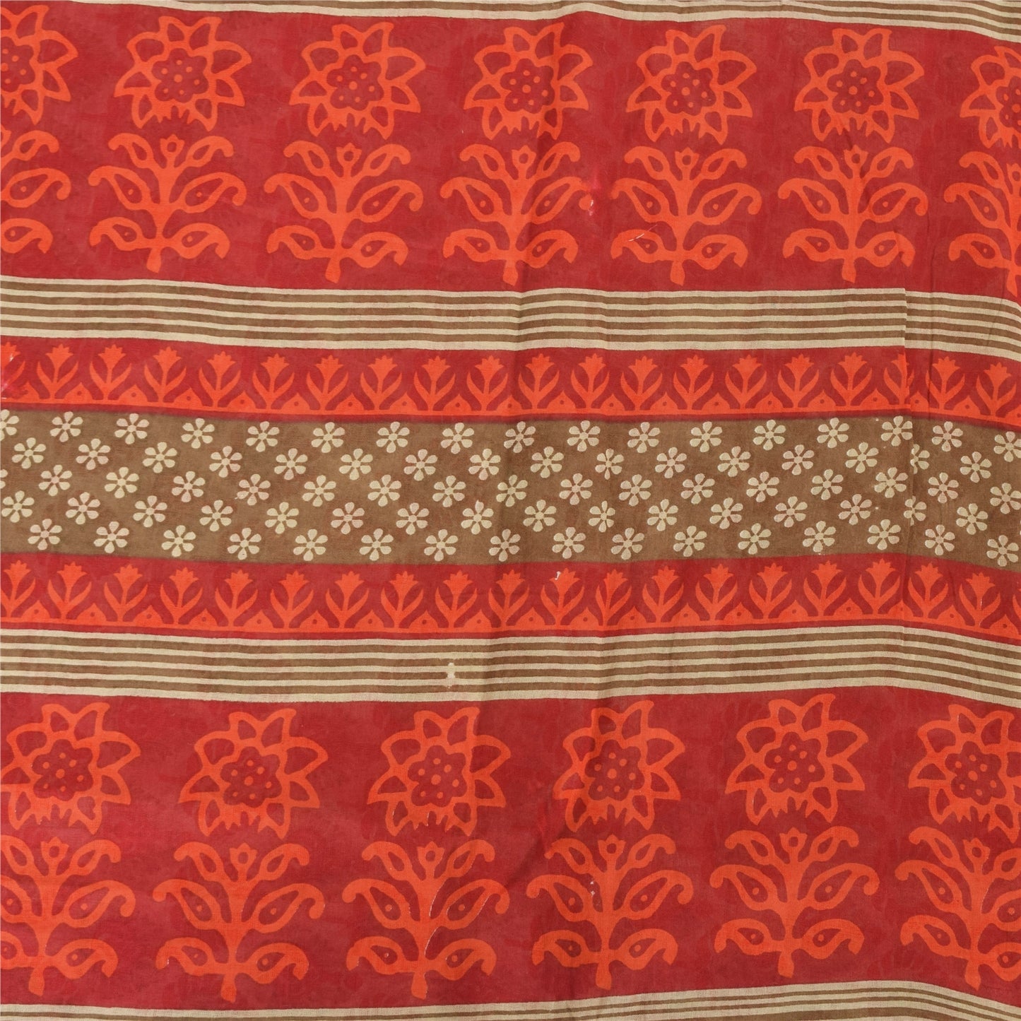 Sanskriti Vintage Sarees Cream & Red Pure Cotton Printed Sari 5+yd Craft Fabric