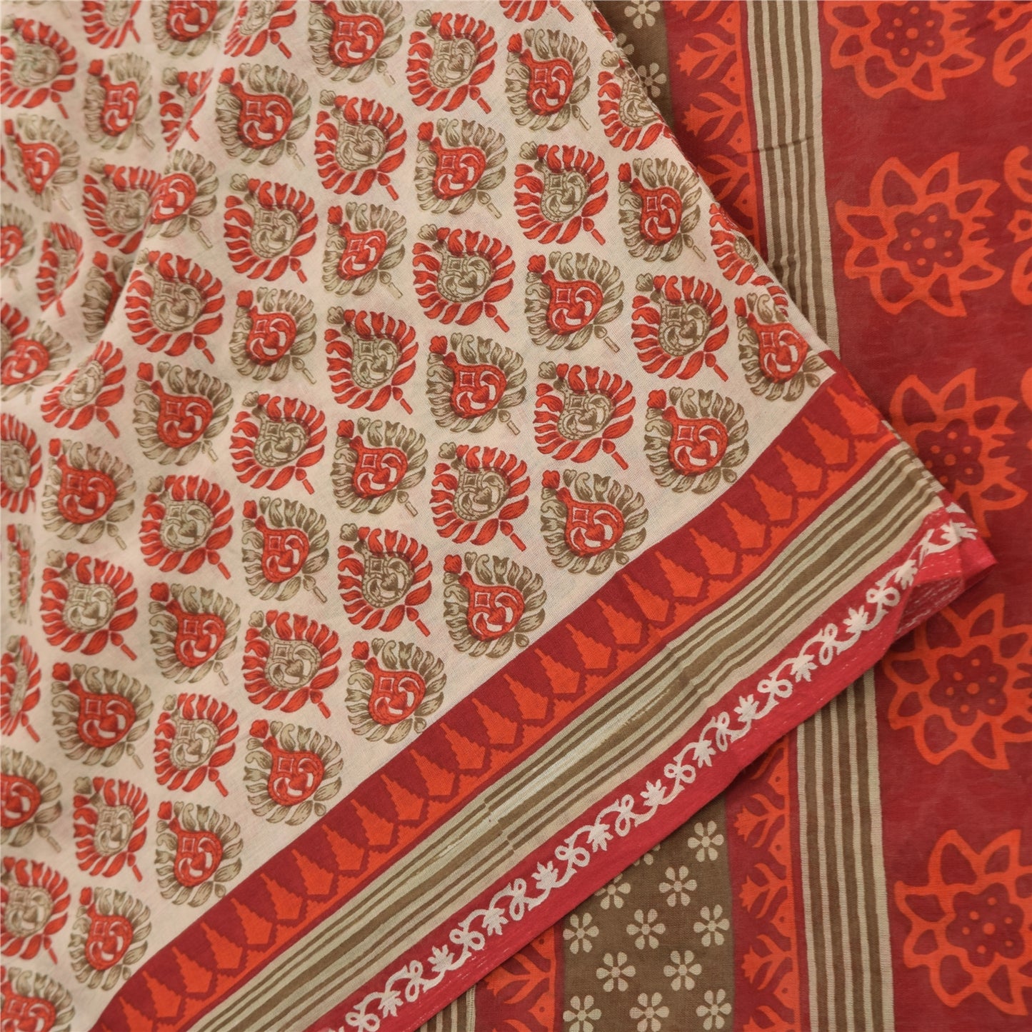 Sanskriti Vintage Sarees Cream & Red Pure Cotton Printed Sari 5+yd Craft Fabric