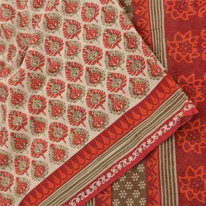 Sanskriti Vintage Sarees Cream & Red Pure Cotton Printed Sari 5+yd Craft Fabric