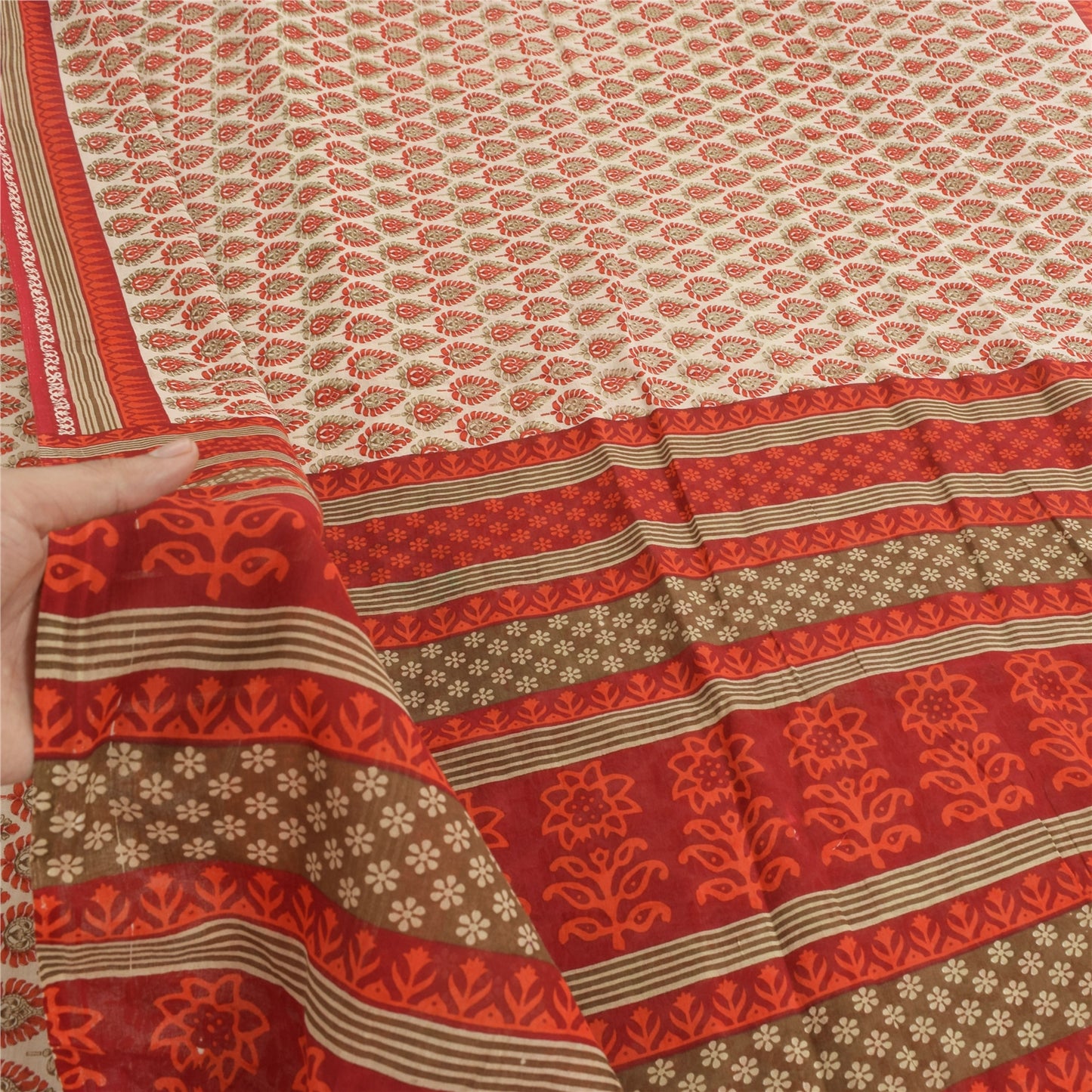 Sanskriti Vintage Sarees Cream & Red Pure Cotton Printed Sari 5+yd Craft Fabric