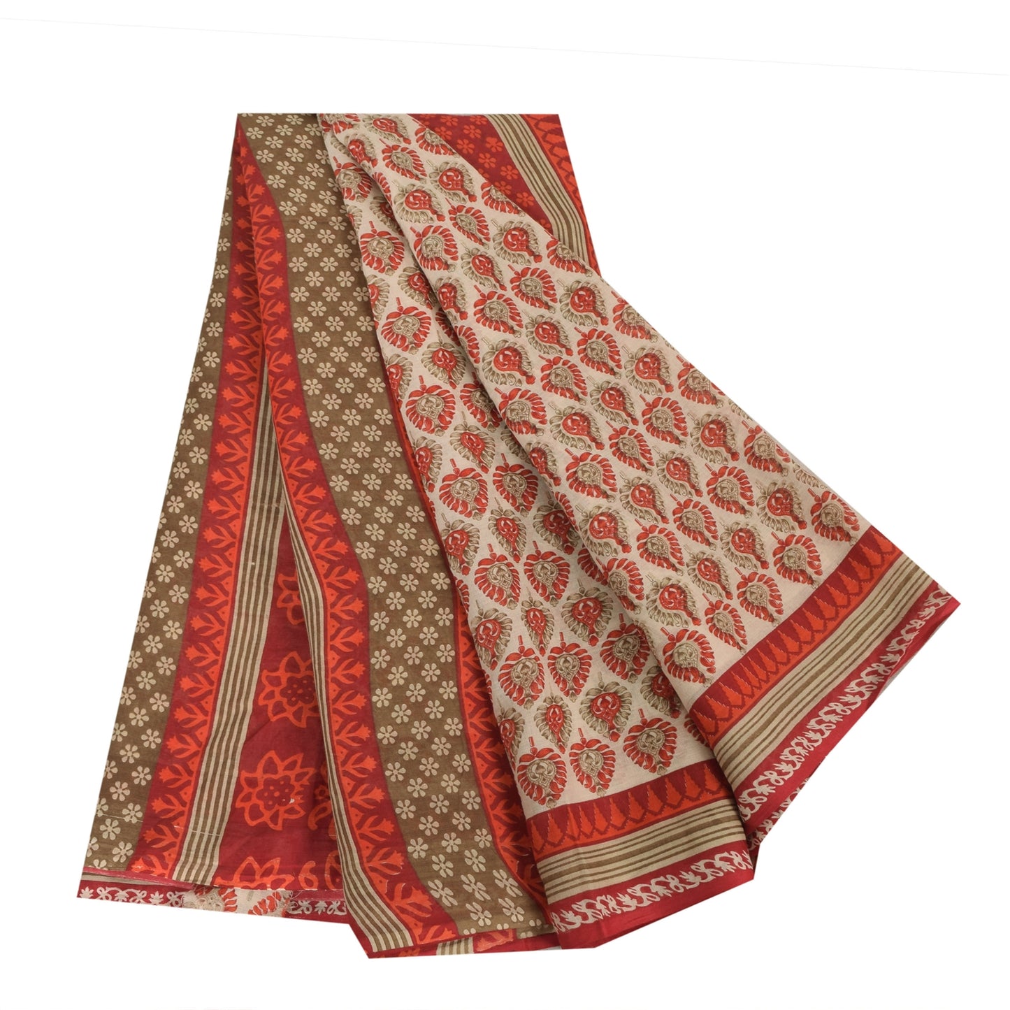 Sanskriti Vintage Sarees Cream & Red Pure Cotton Printed Sari 5+yd Craft Fabric