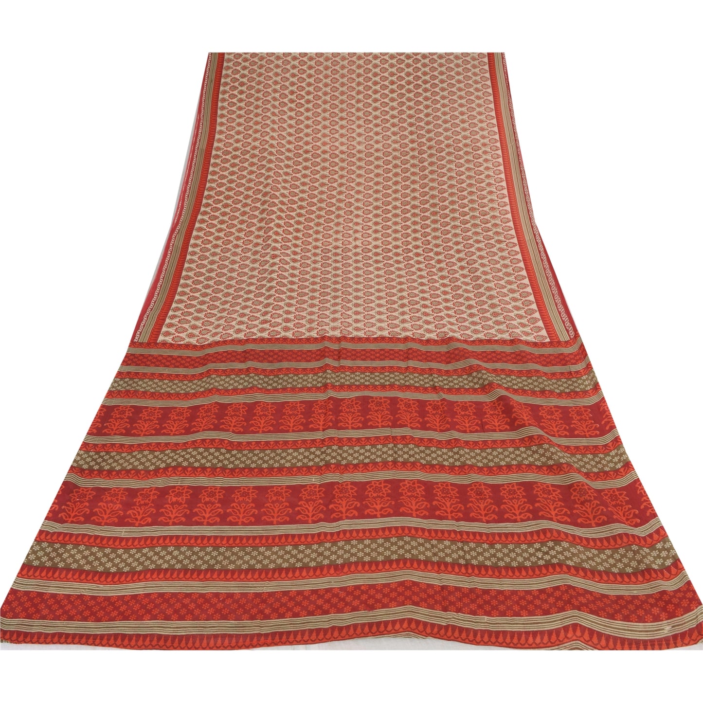 Sanskriti Vintage Sarees Cream & Red Pure Cotton Printed Sari 5+yd Craft Fabric