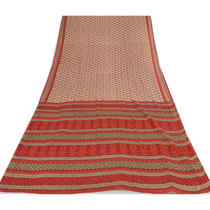 Sanskriti Vintage Sarees Cream & Red Pure Cotton Printed Sari 5+yd Craft Fabric