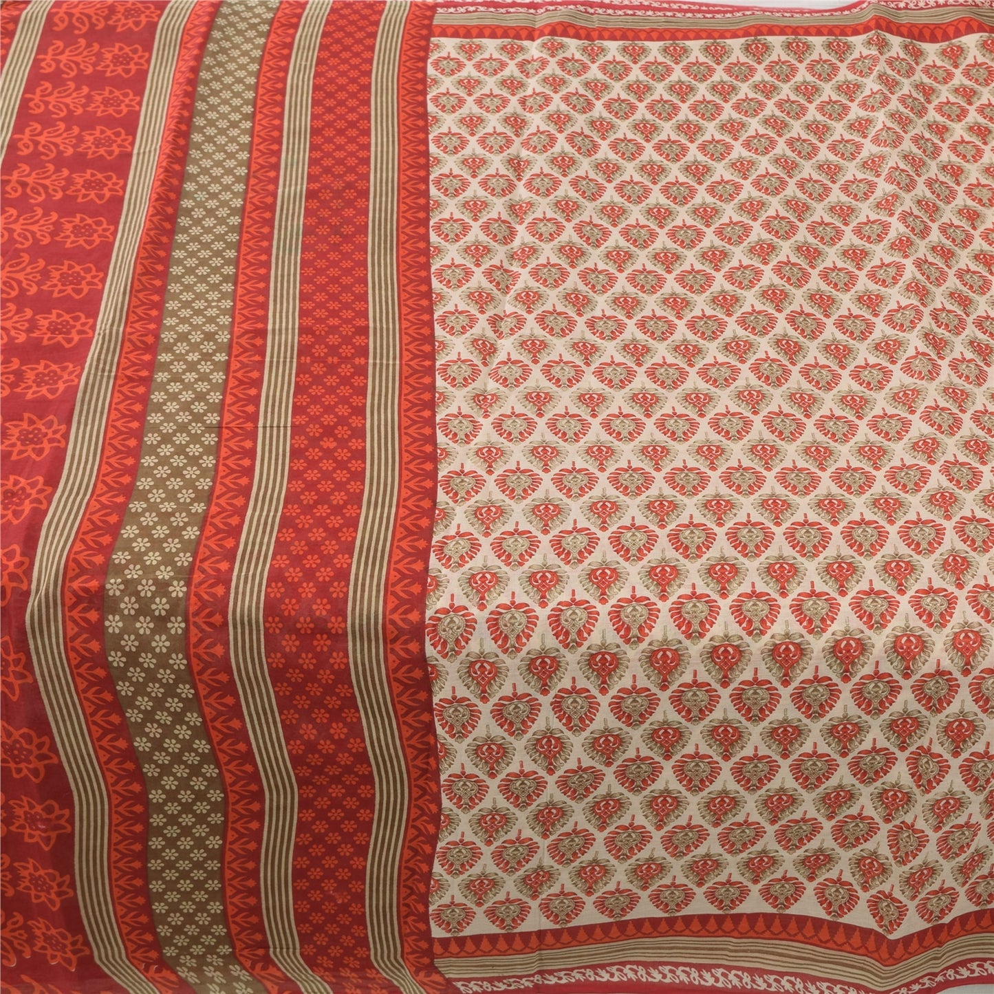 Sanskriti Vintage Sarees Cream & Red Pure Cotton Printed Sari 5+yd Craft Fabric