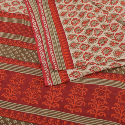 Sanskriti Vintage Sarees Cream & Red Pure Cotton Printed Sari 5+yd Craft Fabric
