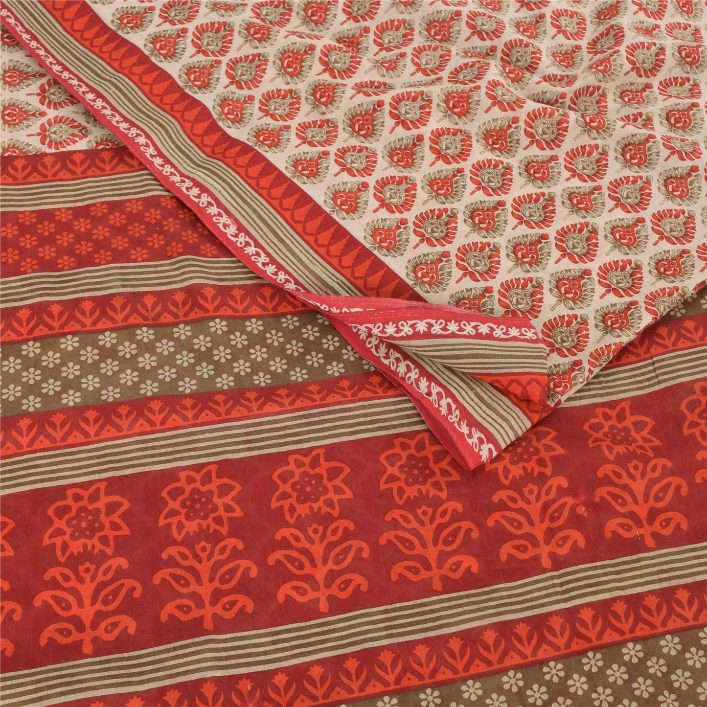 Sanskriti Vintage Sarees Cream & Red Pure Cotton Printed Sari 5+yd Craft Fabric