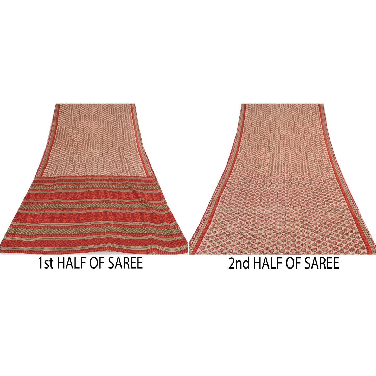 Sanskriti Vintage Sarees Cream & Red Pure Cotton Printed Sari 5+yd Craft Fabric
