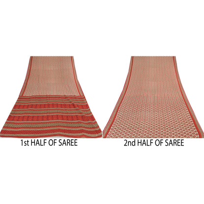 Sanskriti Vintage Sarees Cream & Red Pure Cotton Printed Sari 5+yd Craft Fabric
