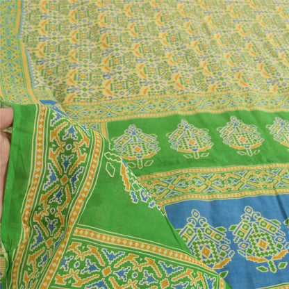 Sanskriti Vintage Sarees Pale-Yellow Pure Cotton Printed Sari 5yd Craft Sustainable Fabric