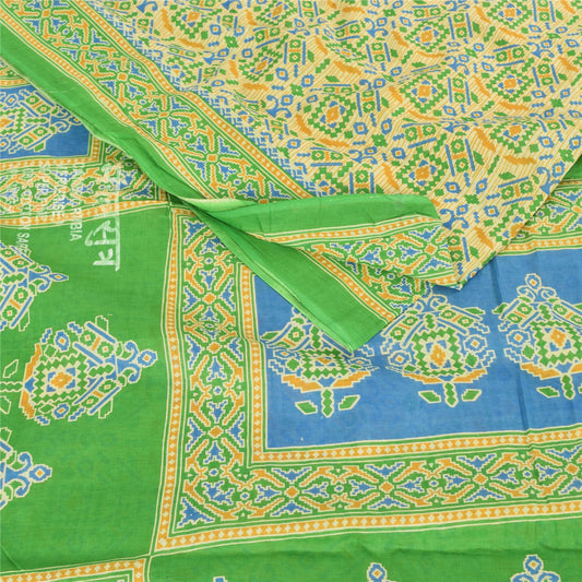 Sanskriti Vintage Sarees Pale-Yellow Pure Cotton Printed Sari 5yd Craft Sustainable Fabric
