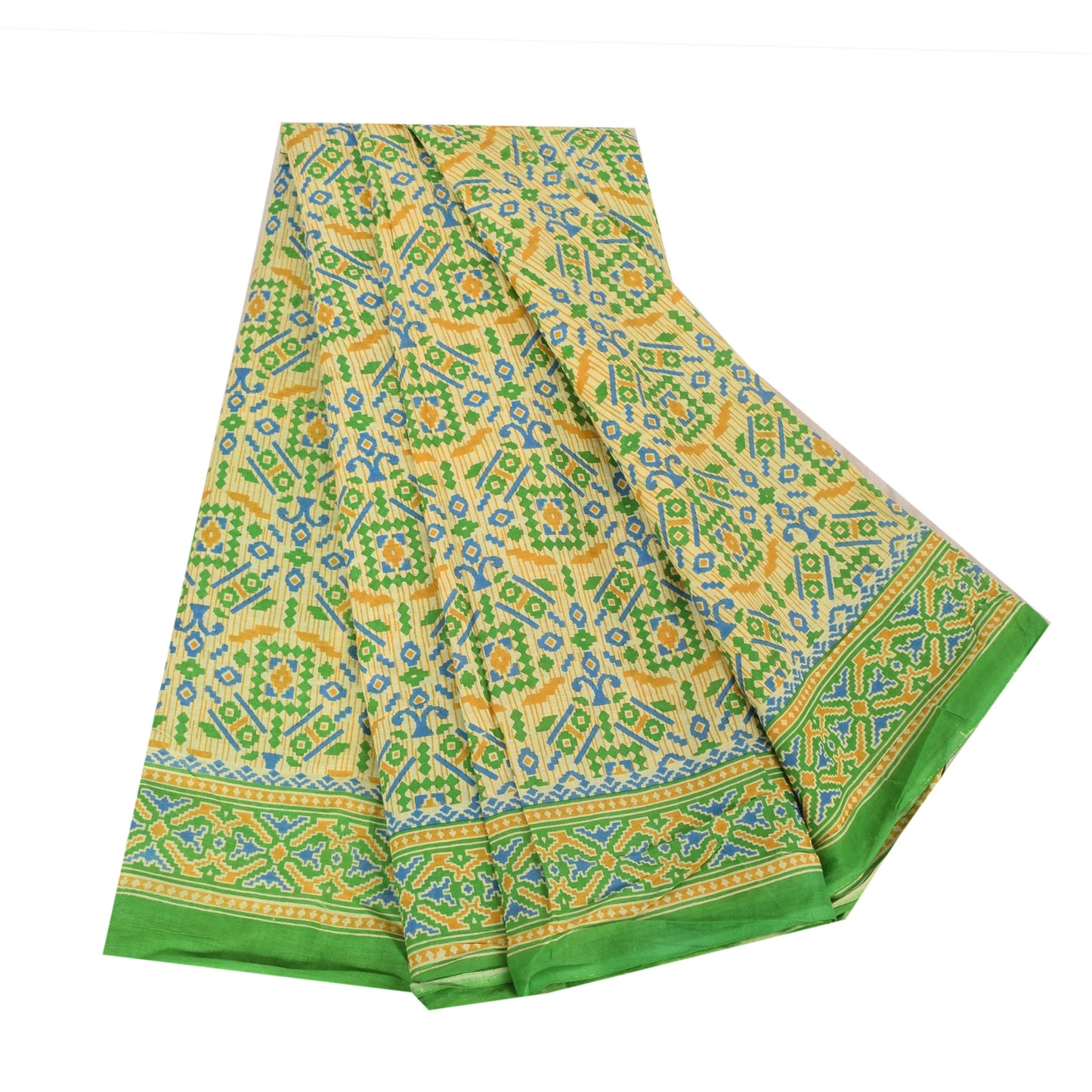 Sanskriti Vintage Sarees Pale-Yellow Pure Cotton Printed Sari 5yd Craft Sustainable Fabric