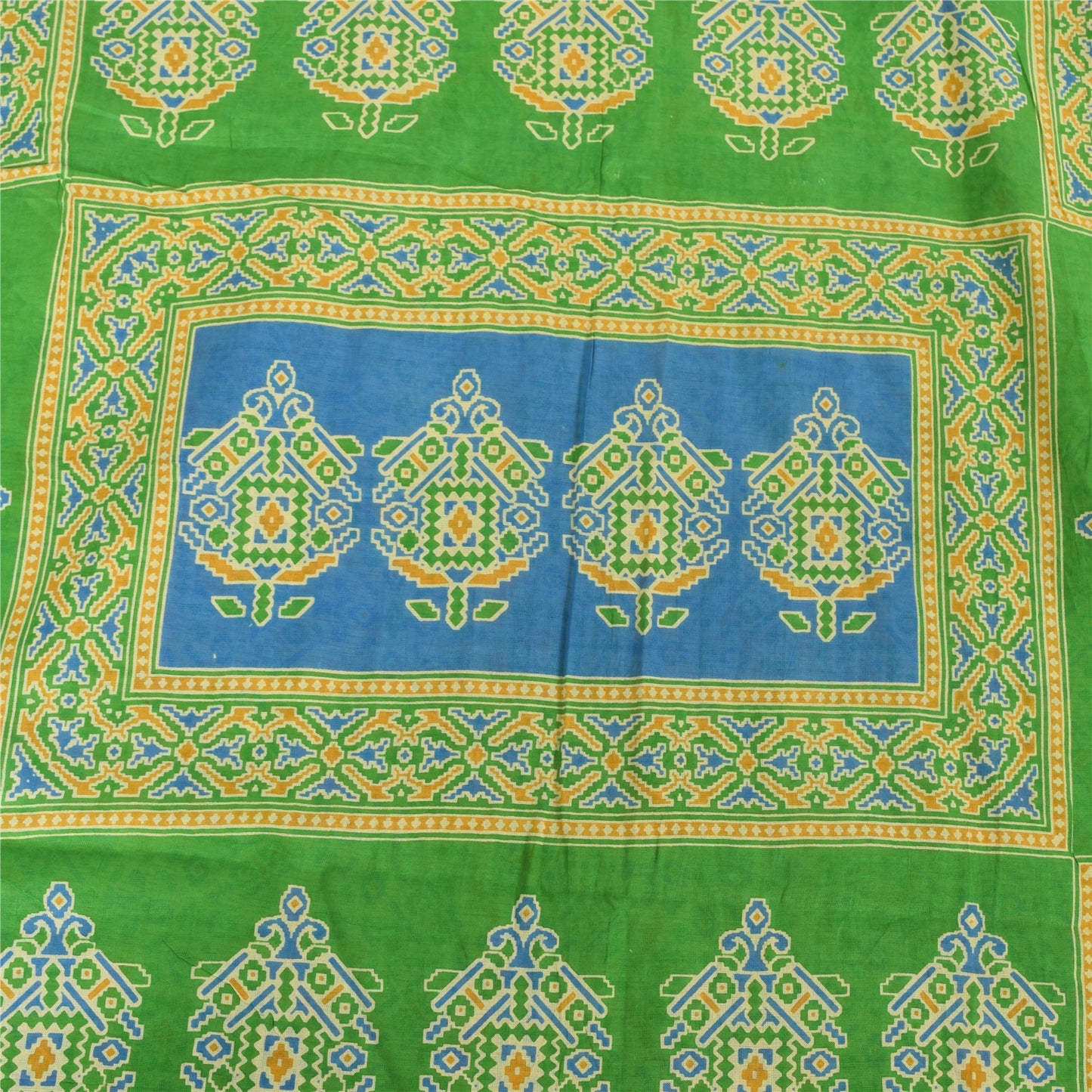 Sanskriti Vintage Sarees Pale-Yellow Pure Cotton Printed Sari 5yd Craft Sustainable Fabric