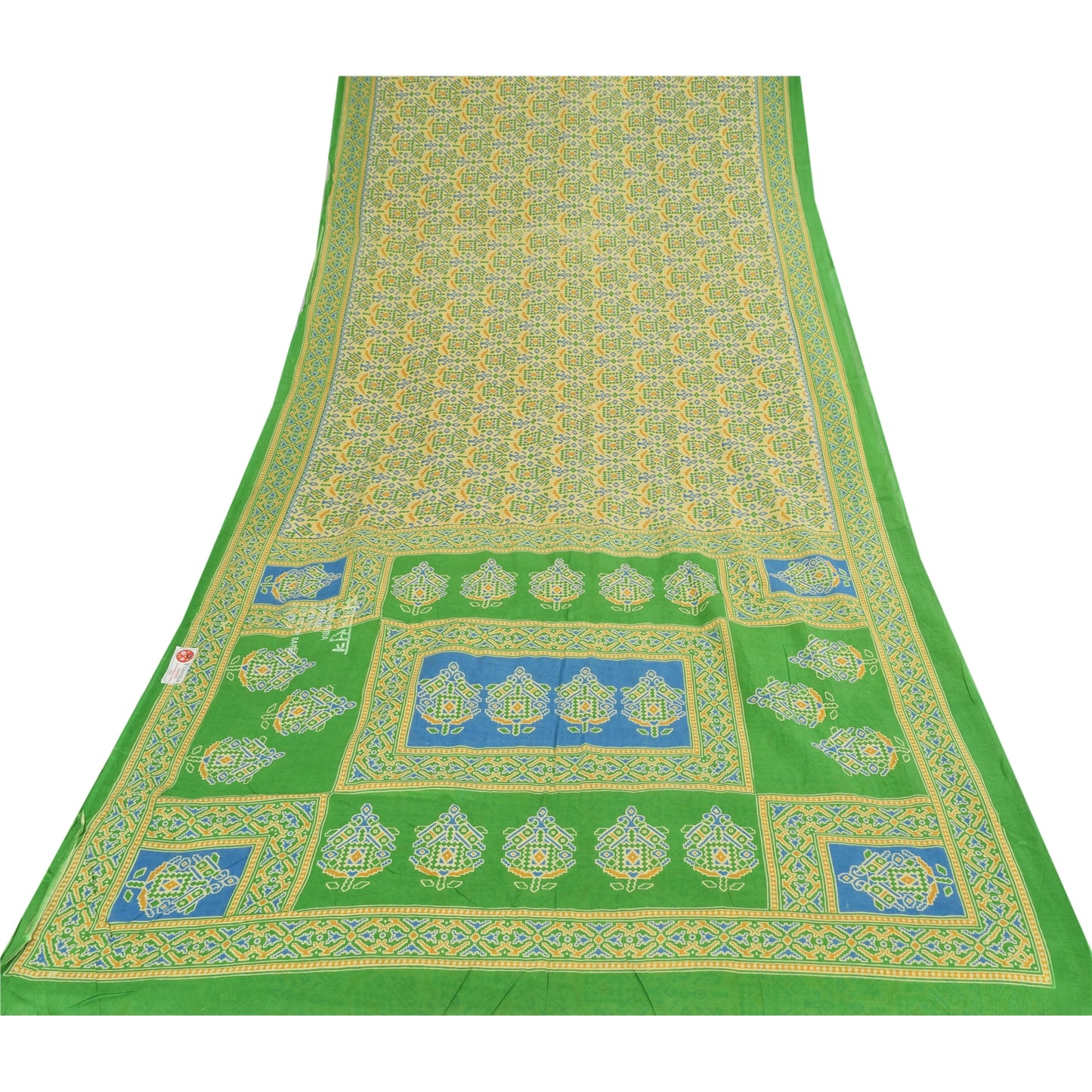 Sanskriti Vintage Sarees Pale-Yellow Pure Cotton Printed Sari 5yd Craft Sustainable Fabric