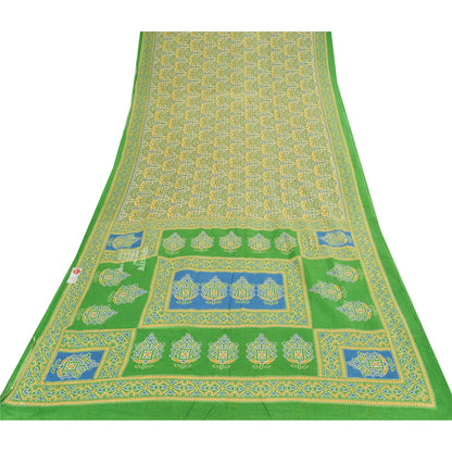 Sanskriti Vintage Sarees Pale-Yellow Pure Cotton Printed Sari 5yd Craft Sustainable Fabric