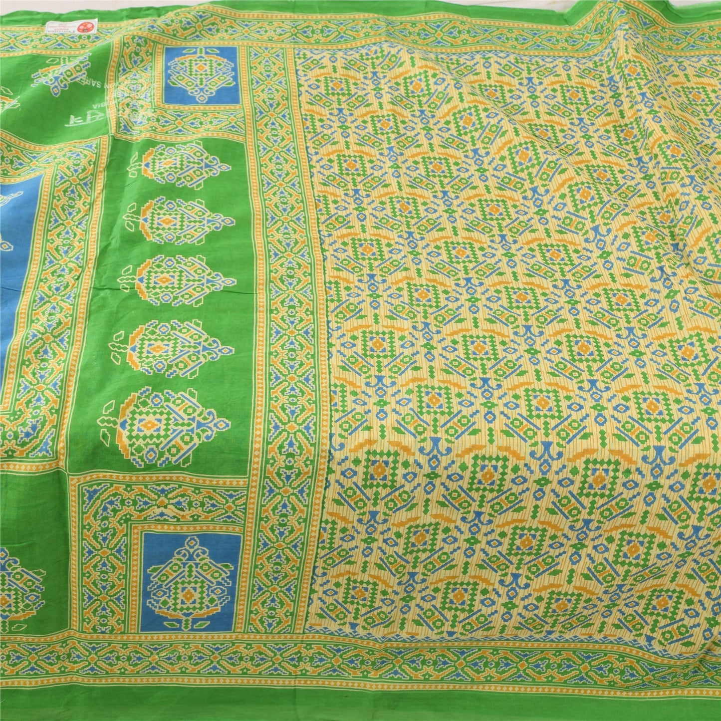Sanskriti Vintage Sarees Pale-Yellow Pure Cotton Printed Sari 5yd Craft Sustainable Fabric