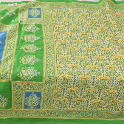 Sanskriti Vintage Sarees Pale-Yellow Pure Cotton Printed Sari 5yd Craft Sustainable Fabric