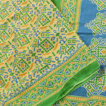 Sanskriti Vintage Sarees Pale-Yellow Pure Cotton Printed Sari 5yd Craft Sustainable Fabric