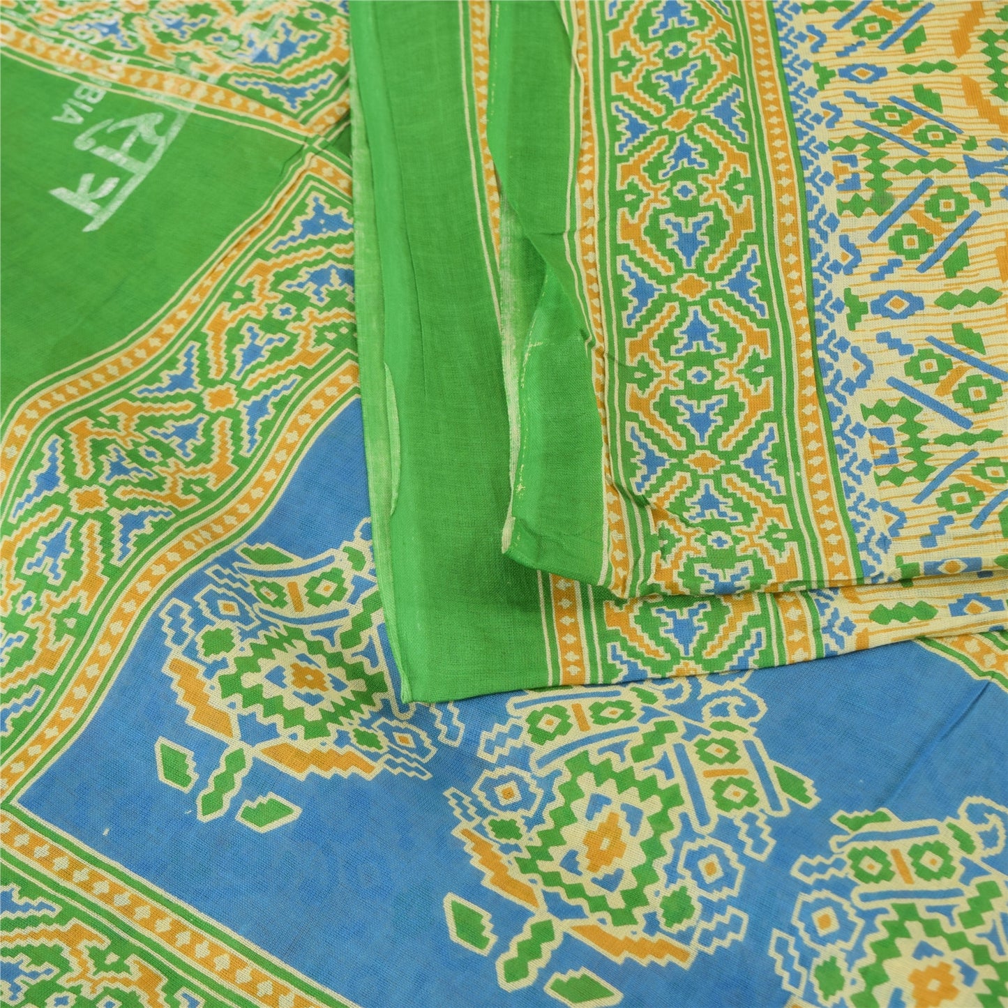 Sanskriti Vintage Sarees Pale-Yellow Pure Cotton Printed Sari 5yd Craft Sustainable Fabric