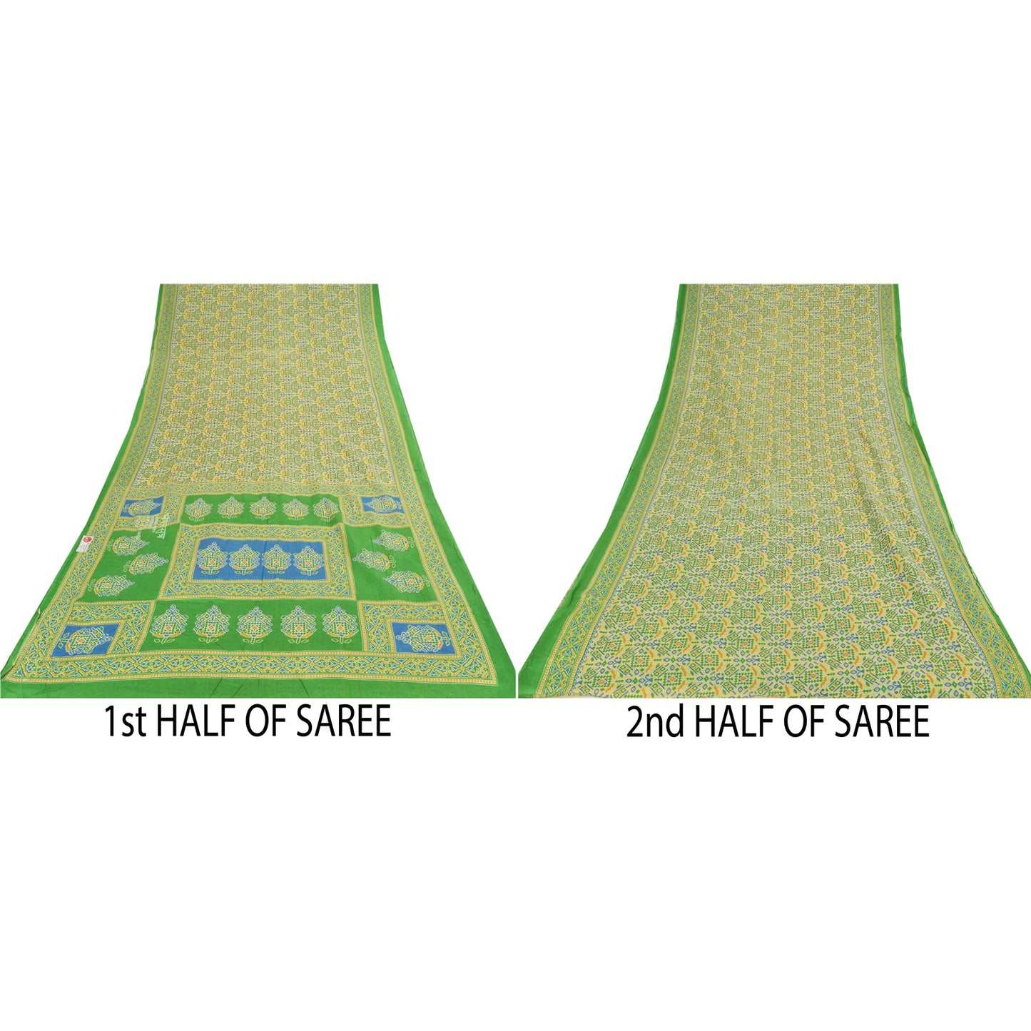 Sanskriti Vintage Sarees Pale-Yellow Pure Cotton Printed Sari 5yd Craft Sustainable Fabric