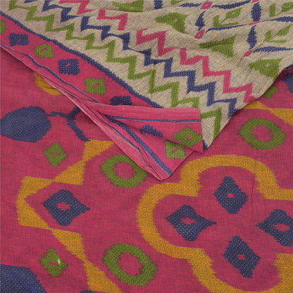 Sanskriti Vintage Cream Soft Pure Cotton Saree Ikat Print Sari 5+YD Craft Fabric