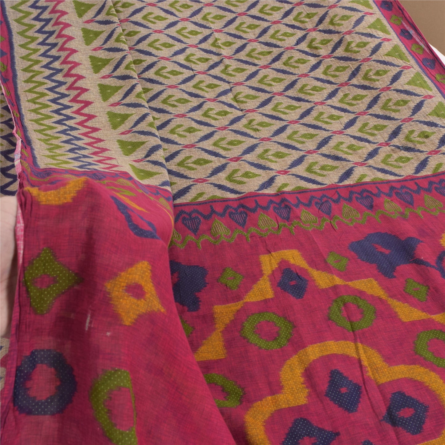 Sanskriti Vintage Cream Soft Pure Cotton Saree Ikat Print Sari 5+YD Craft Fabric