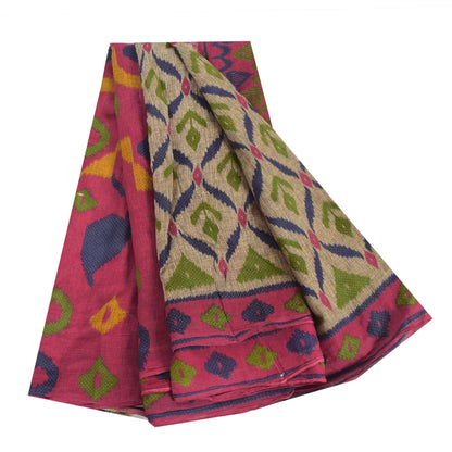 Sanskriti Vintage Cream Soft Pure Cotton Saree Ikat Print Sari 5+YD Craft Fabric