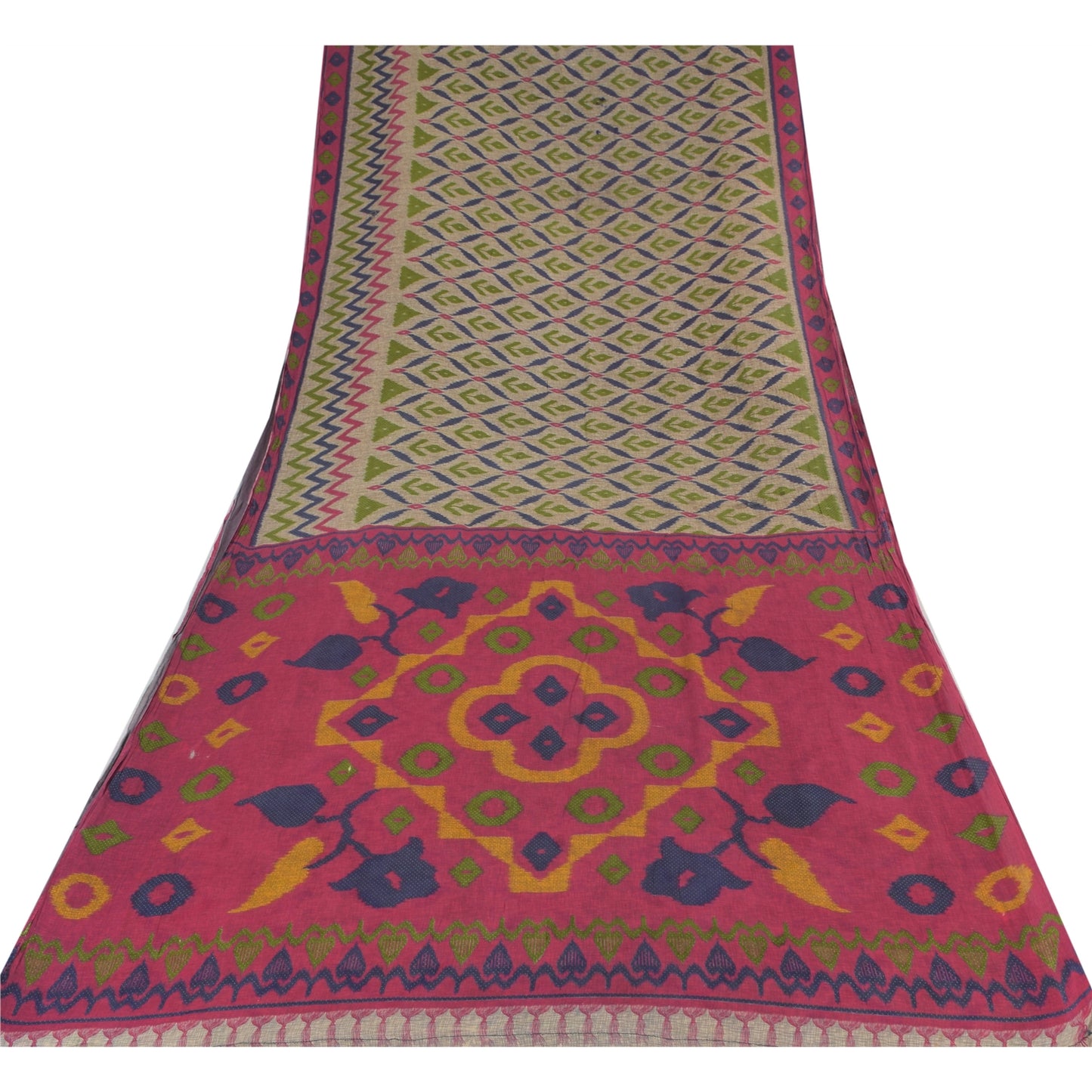Sanskriti Vintage Cream Soft Pure Cotton Saree Ikat Print Sari 5+YD Craft Fabric