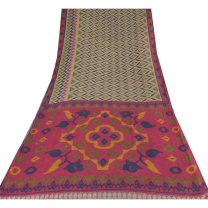 Sanskriti Vintage Cream Soft Pure Cotton Saree Ikat Print Sari 5+YD Craft Fabric