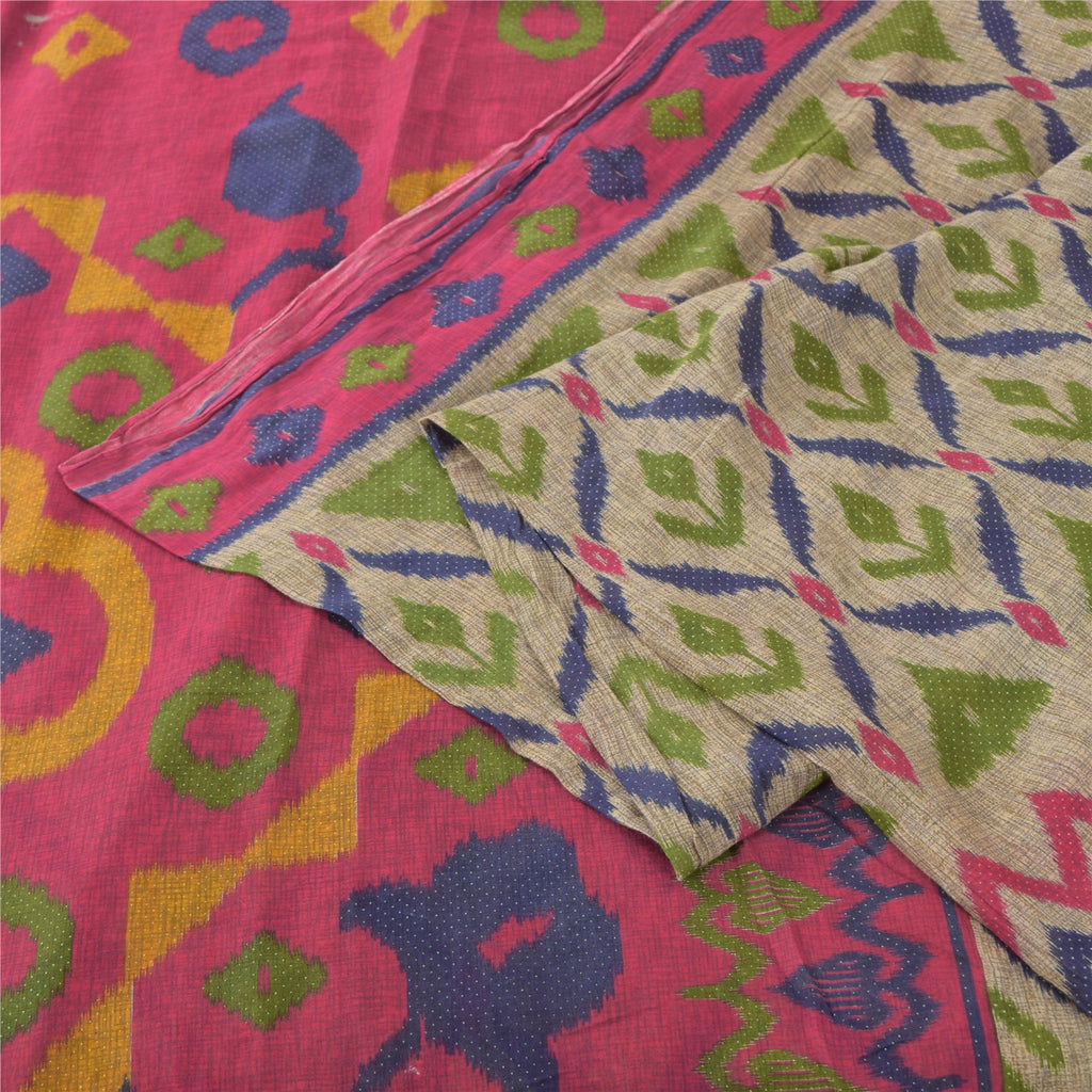 Sanskriti Vintage Cream Soft Pure Cotton Saree Ikat Print Sari 5+YD Craft Fabric