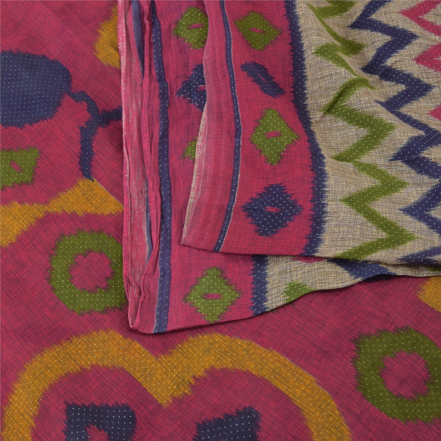 Sanskriti Vintage Cream Soft Pure Cotton Saree Ikat Print Sari 5+YD Craft Fabric