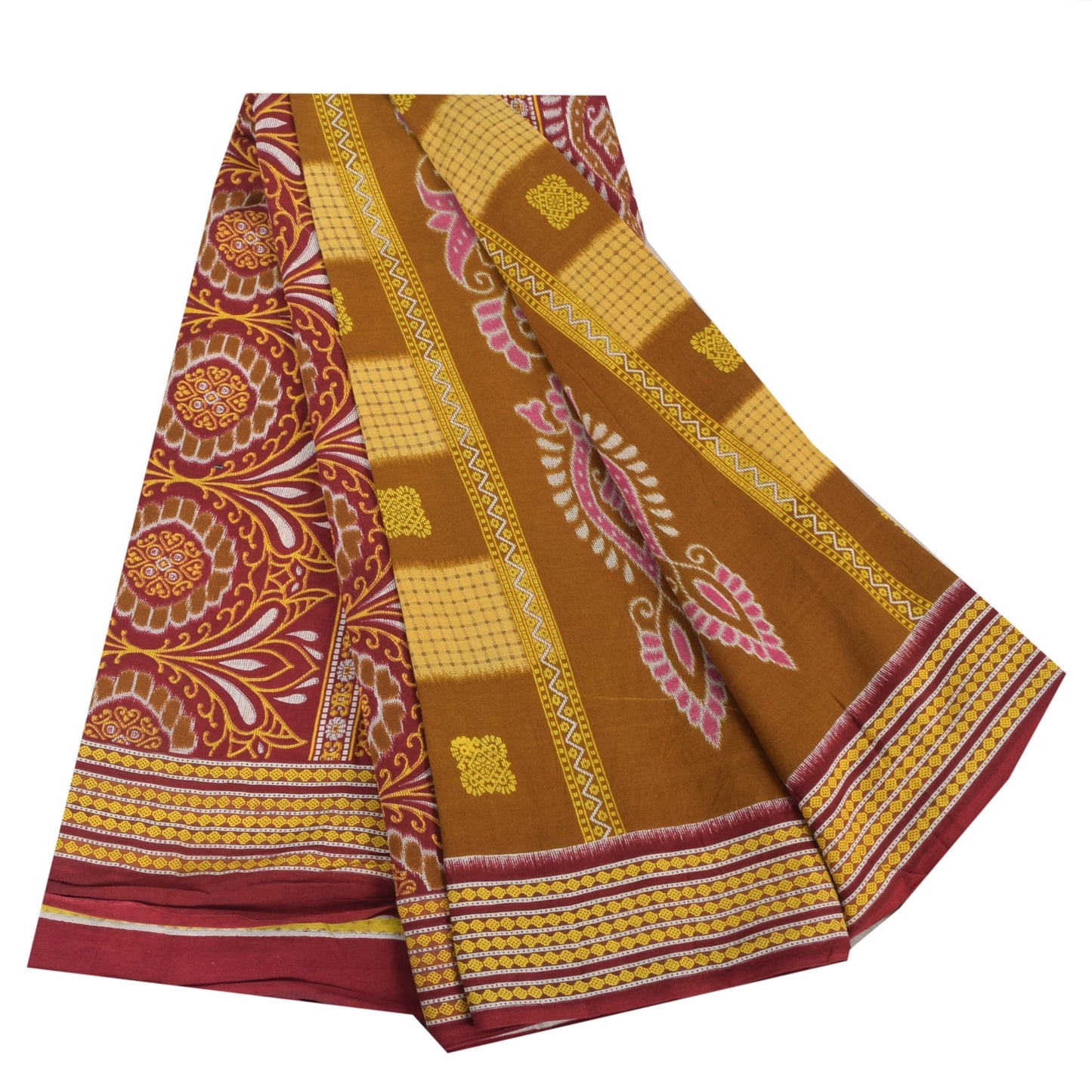 Sanskriti Vintage Sarees Mustard/Purple Pure Cotton Print Sari 5yd Craft Sustainable Fabric