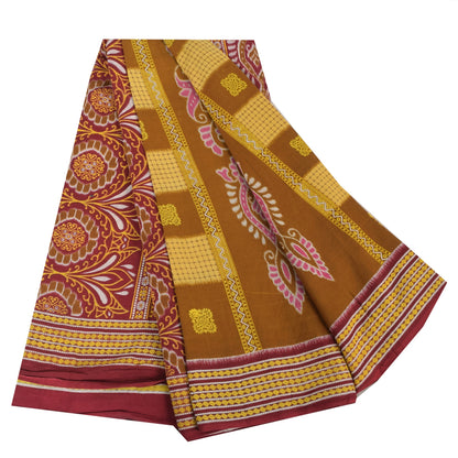 Sanskriti Vintage Sarees Mustard/Purple Pure Cotton Print Sari 5yd Craft Sustainable Fabric