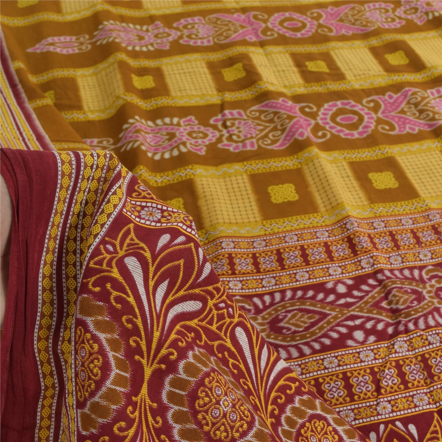 Sanskriti Vintage Sarees Mustard/Purple Pure Cotton Print Sari 5yd Craft Sustainable Fabric