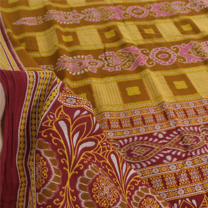 Sanskriti Vintage Sarees Mustard/Purple Pure Cotton Print Sari 5yd Craft Sustainable Fabric