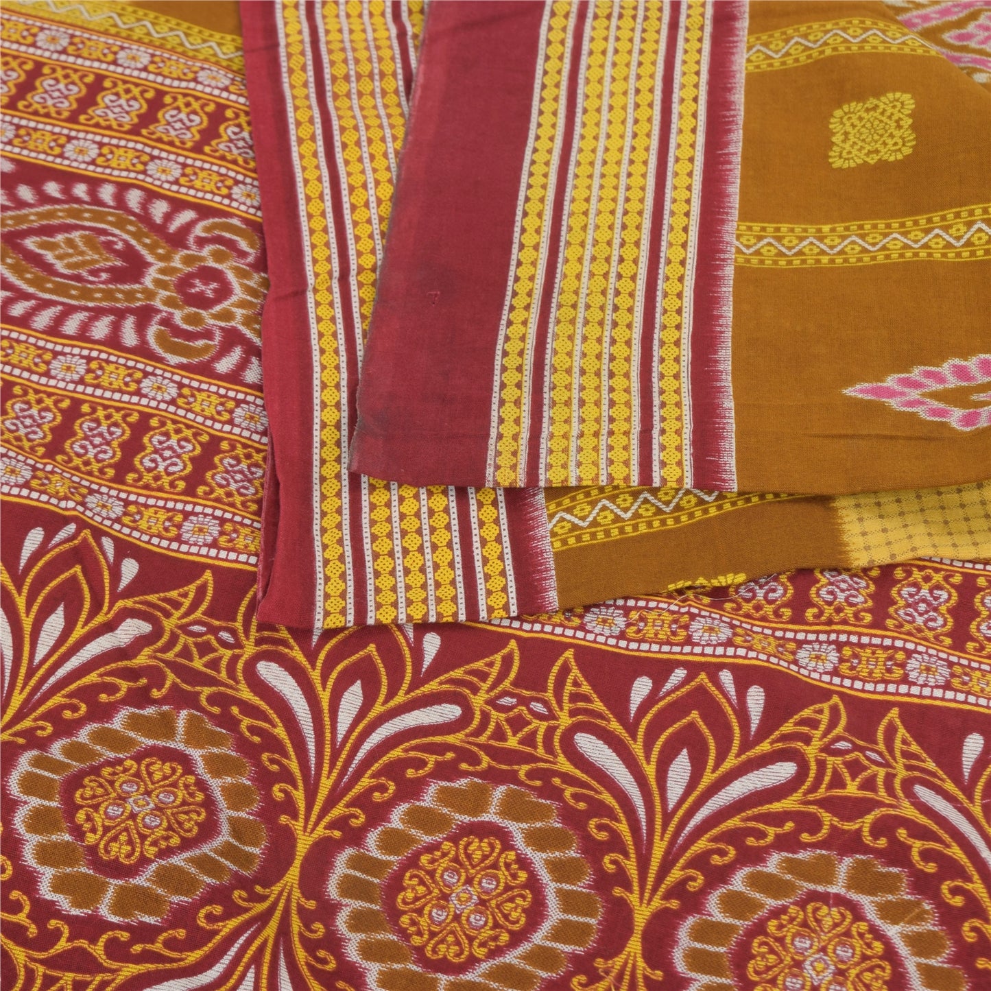 Sanskriti Vintage Sarees Mustard/Purple Pure Cotton Print Sari 5yd Craft Sustainable Fabric