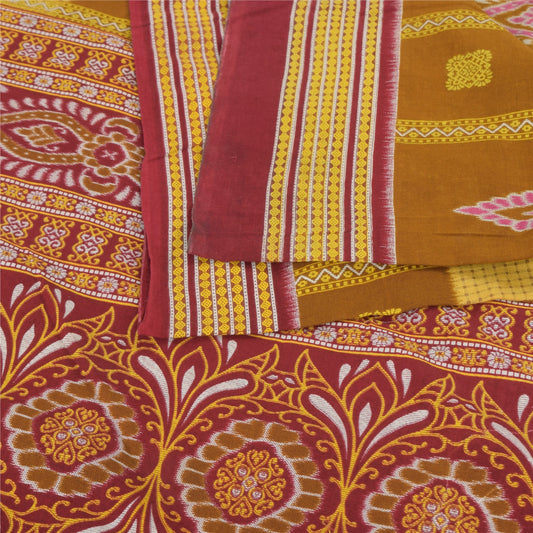Sanskriti Vintage Sarees Mustard/Purple Pure Cotton Print Sari 5yd Craft Sustainable Fabric