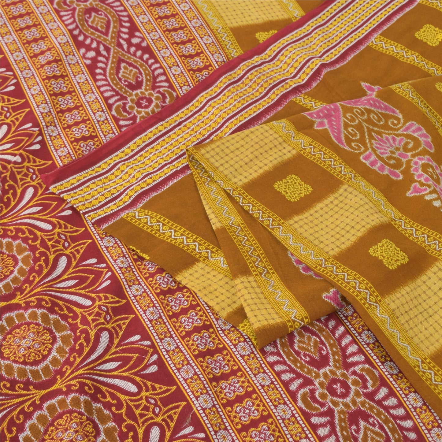 Sanskriti Vintage Sarees Mustard/Purple Pure Cotton Print Sari 5yd Craft Sustainable Fabric